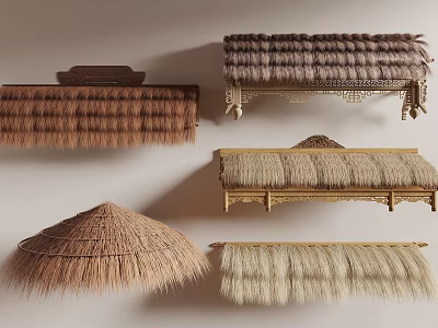 Diverse Thatch Roof Architectural Components With Traditional Wooden Frame Designs 3d model