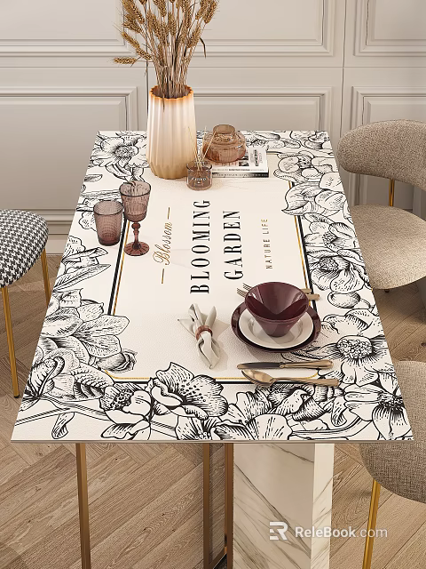 Elegant Decorative Ornament Combination With Floral Tablecloth Vase Glassware Dishware And Cutlery 3d model 