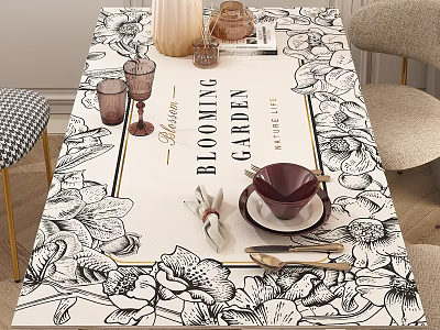 Elegant Decorative Ornament Combination With Floral Tablecloth Vase Glassware Dishware And Cutlery 3d model
