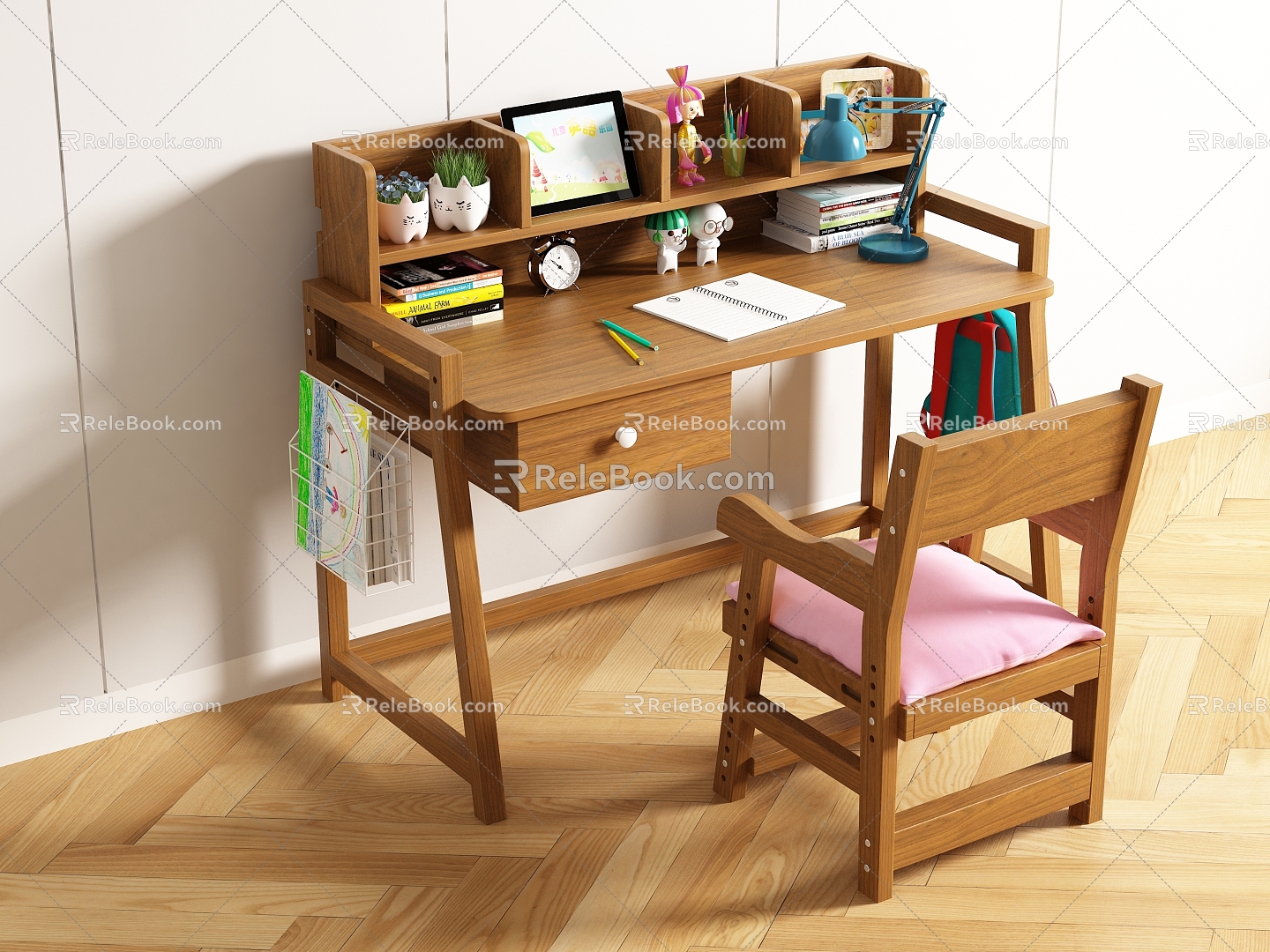 Solid wood computer table and chair 3d model