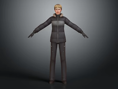 3D Character Model With Blonde Hair Black Puffer Jacket And Gloves Standing Pose Gray Background 3d model