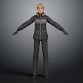 3D Character Model With Blonde Hair Black Puffer Jacket And Gloves Standing Pose Gray Background