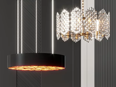 Two Stylish Chandeliers Modern Black Circular With Warm Light And Luxury Crystal Golden Frame 3d model