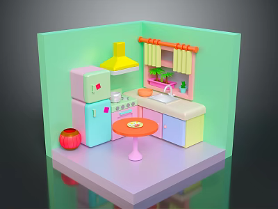 Colorful Kitchen Scene With Refrigerator Stove Sink Table Curtains And Trash Bin 3d model