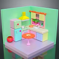 Colorful Kitchen Scene With Refrigerator Stove Sink Table Curtains And Trash Bin