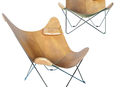Modern Brown Leather Leisure Chair with Butterfly Shaped Backrest and Metal Cross Legs 3d model
