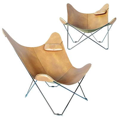 Modern Brown Leather Leisure Chair with Butterfly Shaped Backrest and Metal Cross Legs 3d model