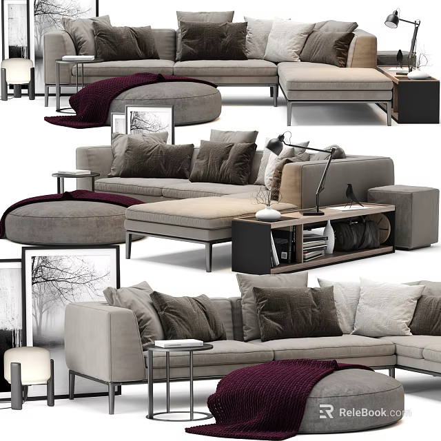 Modern Sectional Sofa With Cozy Pillows Plush Blanket And Side Table 3d model