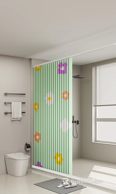 Fresh Green Bathroom Interior With Floral Shower Curtain Black Towel Rack And White Towel 3d model 