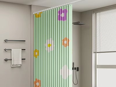 Fresh Green Bathroom Interior With Floral Shower Curtain Black Towel Rack And White Towel 3d model