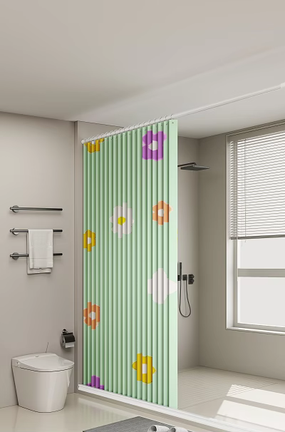 Fresh Green Bathroom Interior With Floral Shower Curtain Black Towel Rack And White Towel 3d model