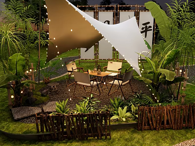 Garden Landscape Design With Green Plants Outdoor Table Chairs String Lights And Wooden Fence 3d model