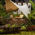 Garden Landscape Design With Green Plants Outdoor Table Chairs String Lights And Wooden Fence