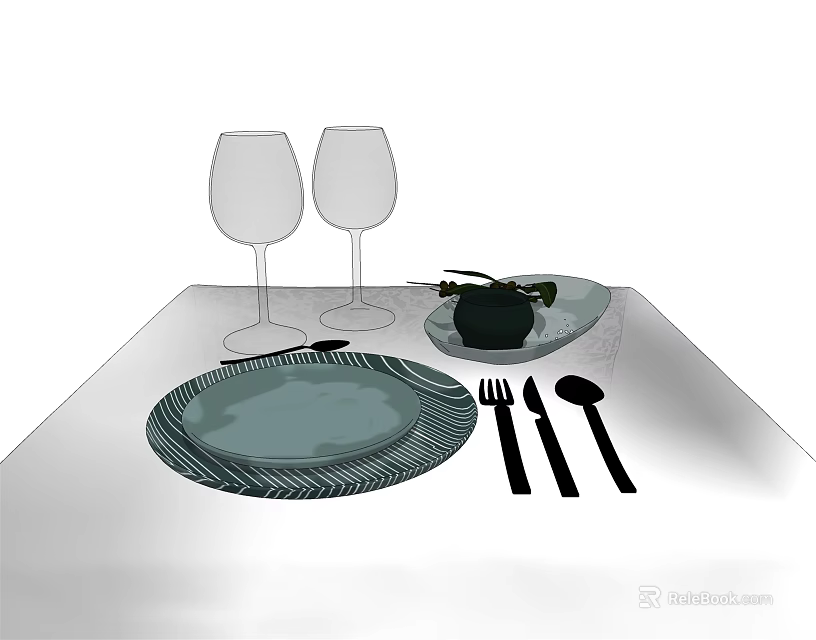Elegant Tableware Set with Wine Glasses Plate Dish Fork Knife and Spoon on Table 3d model