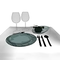 Elegant Tableware Set with Wine Glasses Plate Dish Fork Knife and Spoon on Table 3d model