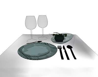 Elegant Tableware Set with Wine Glasses Plate Dish Fork Knife and Spoon on Table 3d model