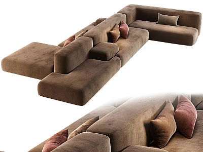Brown Sectional Sofa Modern Spacious Design With Pink Brown Cushions 3d model