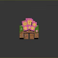 Character and Creature Pixel Style Cube Structure on Green Grass with Pink Flowers