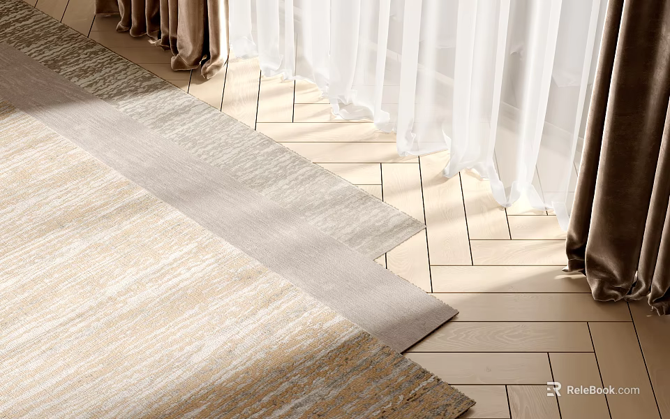 Neutral Toned Square Rug On Herringbone Wood Floor With Sheer Curtains 3d model 