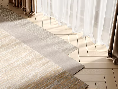Neutral Toned Square Rug On Herringbone Wood Floor With Sheer Curtains 3d model