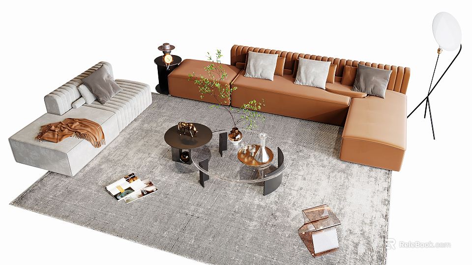 Modern Sofa and Coffee Table Set With Gray Brown L Shaped Design Round Coffee Tables Rug Decorative Plants and Magazines 3d model 