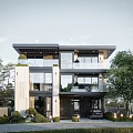 Modern Detached Villa Exterior With Large Windows Balcony And Landscaped Garden