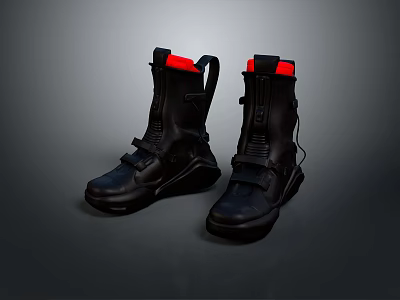 Functional Black Everyday Boots With Red Top And Adjustable Straps 3d model