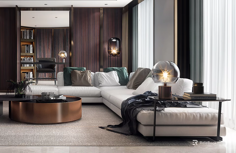 Luxurious Modern Living Room With White Sectional Sofa And Round Coffee Table 3d model 