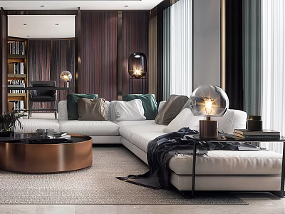 Luxurious Modern Living Room With White Sectional Sofa And Round Coffee Table 3d model