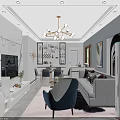 Modern Living Dining Room Interior With Chandelier Sofa Blue Chair Dining Table And Decorative Paintings