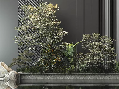 Modern Garden Ornament With Green Trees Shrubs And Metal Grille Background 3d model