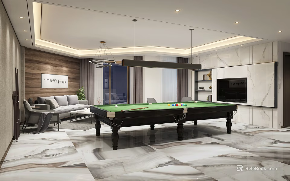 Modern Entertainment Room Interior With Pool Table Sofa TV Pendant Lights And Marble Floor 3d model 