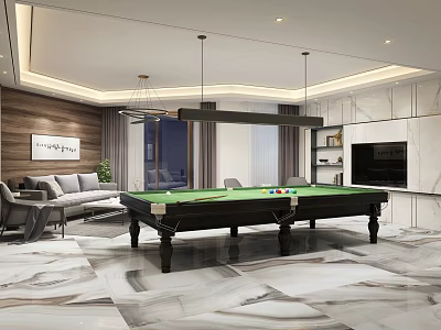 Modern Entertainment Room Interior With Pool Table Sofa TV Pendant Lights And Marble Floor 3d model
