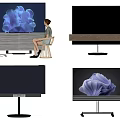 A Woman Sitting On Chair Watching Television With Abstract Blue Flower Screen