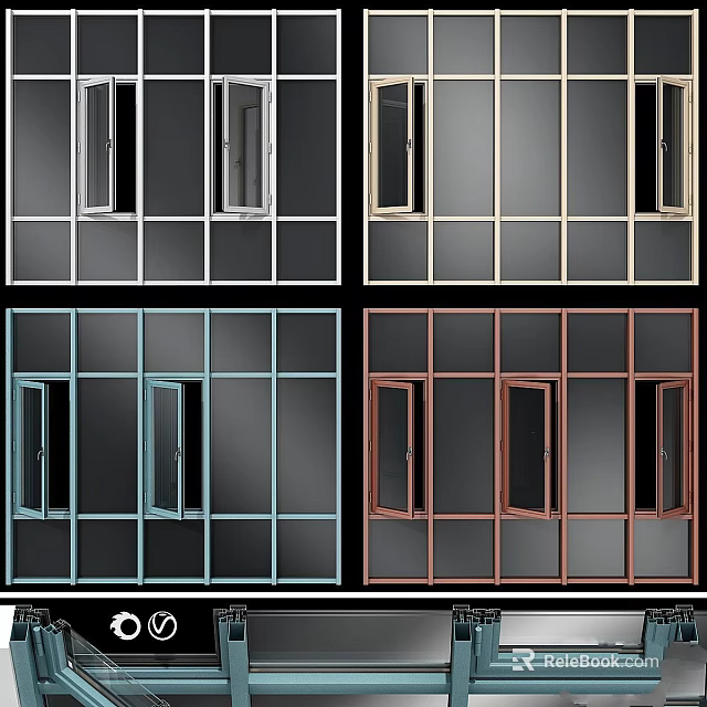 Various Colored Window And Door Frame Designs With Glass Panels 3d model 
