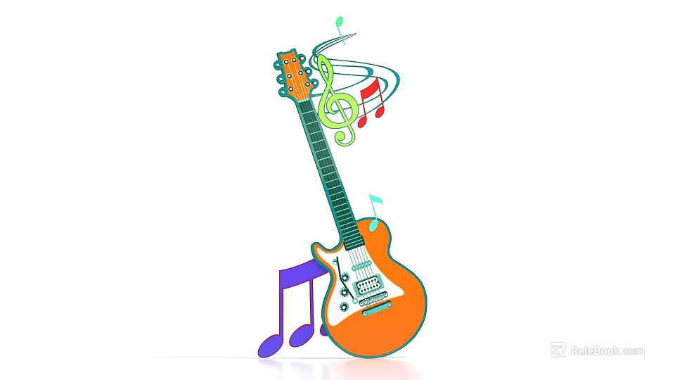 Colorful Electric Guitar Design With Musical Notes And Treble Clef Music Symbols 3d model 