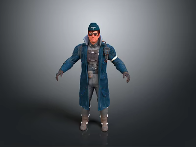 A Man Wearing Blue Coat Cap Sunglasses And Gear In Standing Pose 3d model