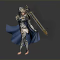 3D Female Warrior Character In Silver Armor With Blue Cloak And Golden Sword