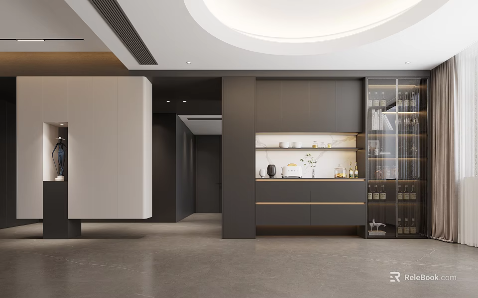Modern Bar Area With Dark Cabinetry Glass Wine Cabinet And Display Shelves 3d model 