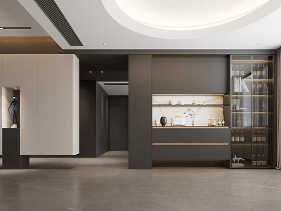 Modern Bar Area With Dark Cabinetry Glass Wine Cabinet And Display Shelves 3d model