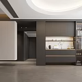 Modern Bar Area With Dark Cabinetry Glass Wine Cabinet And Display Shelves