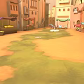 Cartoon Village Alley Scene With Colorful Buildings Market Stalls And Stone Path