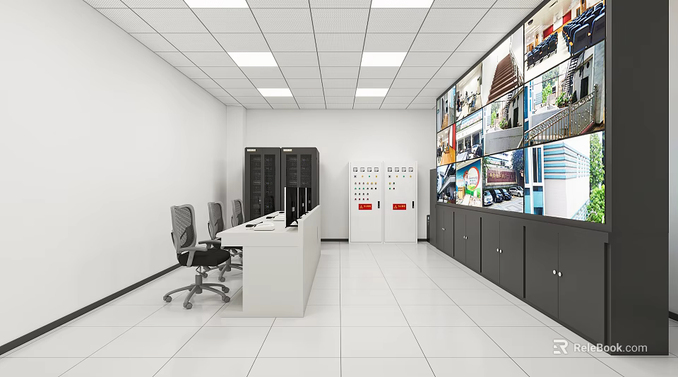 Modern Monitoring Room With Multiple Surveillance Monitors Control Desk And Equipment Cabinets 3d model 
