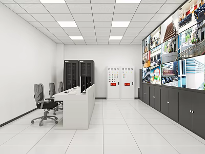 Modern Monitoring Room With Multiple Surveillance Monitors Control Desk And Equipment Cabinets 3d model