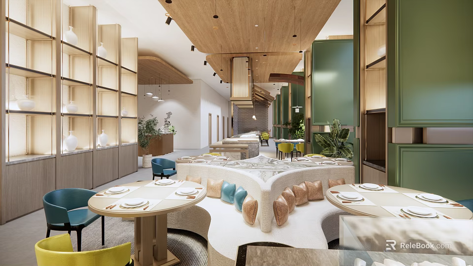 Restaurant Interior With Wooden Ceiling Colorful Chairs Round Dining Tables Sofa Seating And Green Plants 3d model 