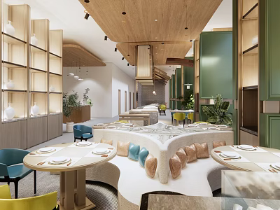 Restaurant Interior With Wooden Ceiling Colorful Chairs Round Dining Tables Sofa Seating And Green Plants 3d model