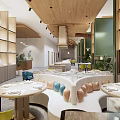 Restaurant Interior With Wooden Ceiling Colorful Chairs Round Dining Tables Sofa Seating And Green Plants