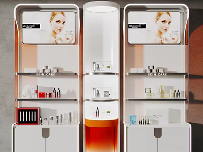 Stylish Cosmetic Display Shelves With White Orange Design Advertising Panels Lipsticks And Bottles 3d model