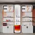 Stylish Cosmetic Display Shelves With White Orange Design Advertising Panels Lipsticks And Bottles