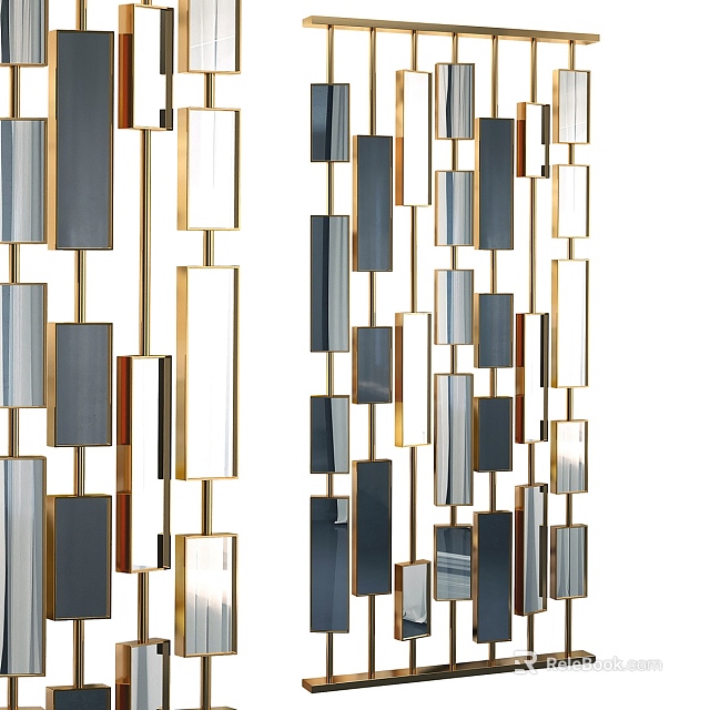Modern Room Divider With Geometric Panels Gold Metal Frame And Black Silver Mirrored Accents 3d model 